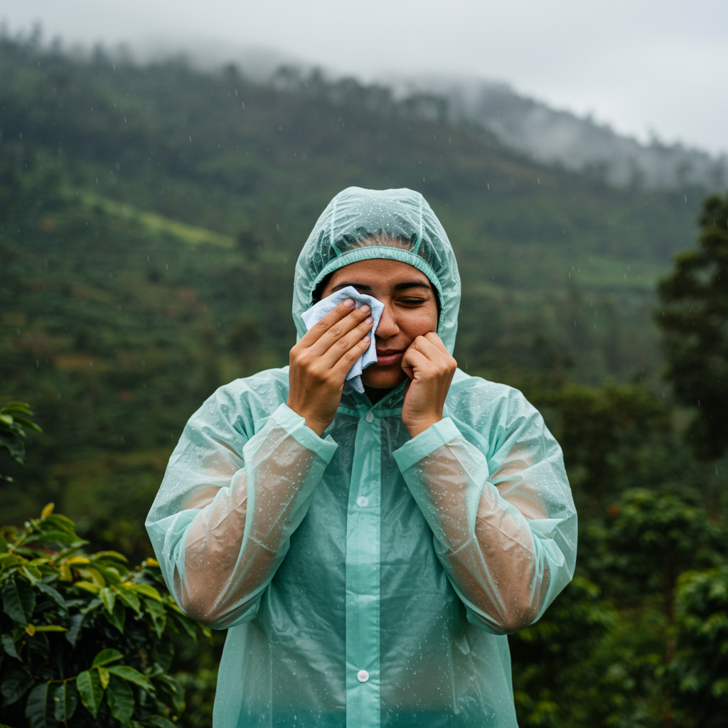 A woman wiping her eyes gently with a clean cloth during monsoon season in Chikkamagaluru