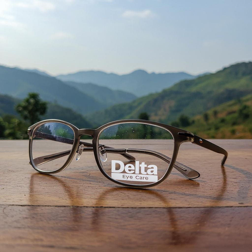 Close-up of lightweight and durable eyeglass frames placed on a wooden table with Chikkamagaluru hills in the background