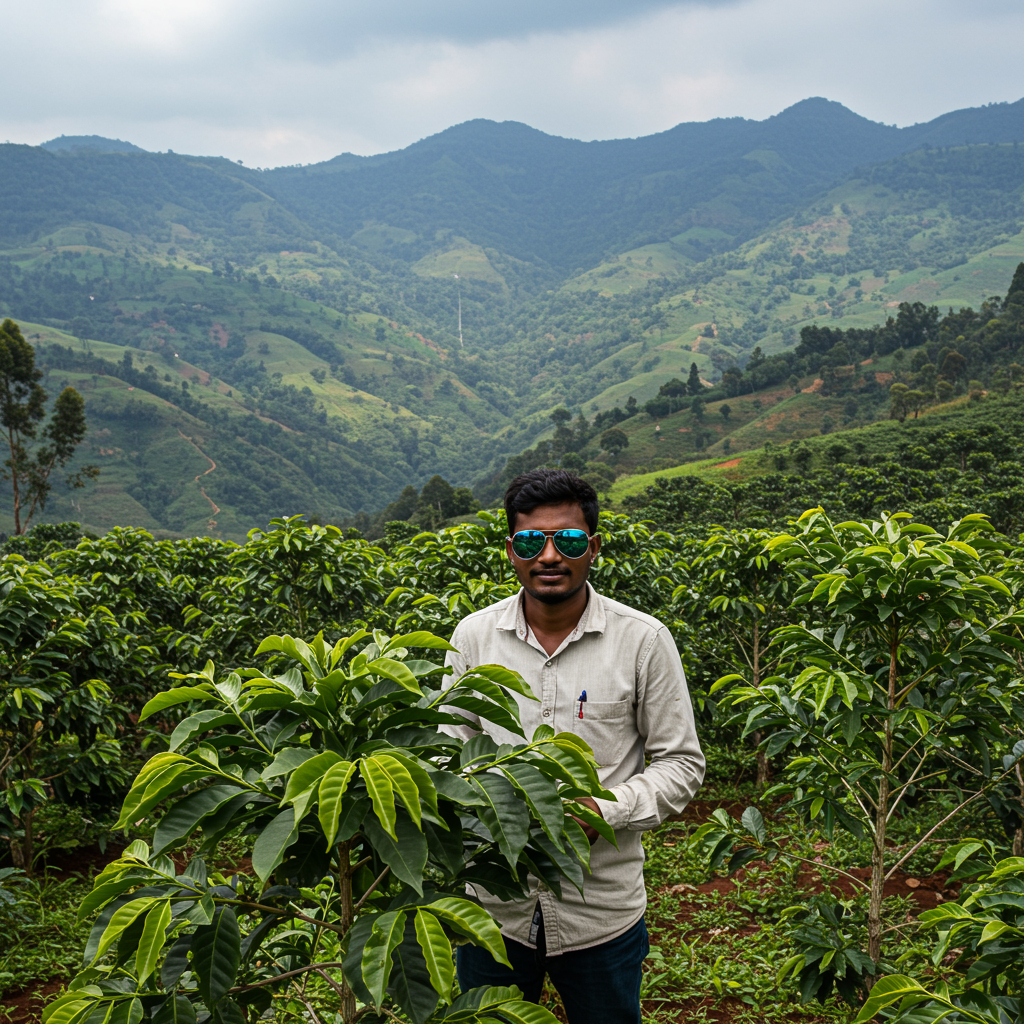 Coffee planter wearing UV-protected sunglasses in a sunlit plantation