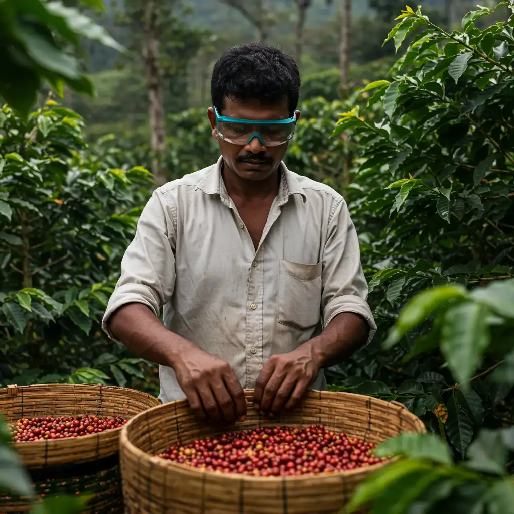 A coffee estate worker wearing anti-glare glasses while sorting beans under bright daylight in Chikkamagaluru