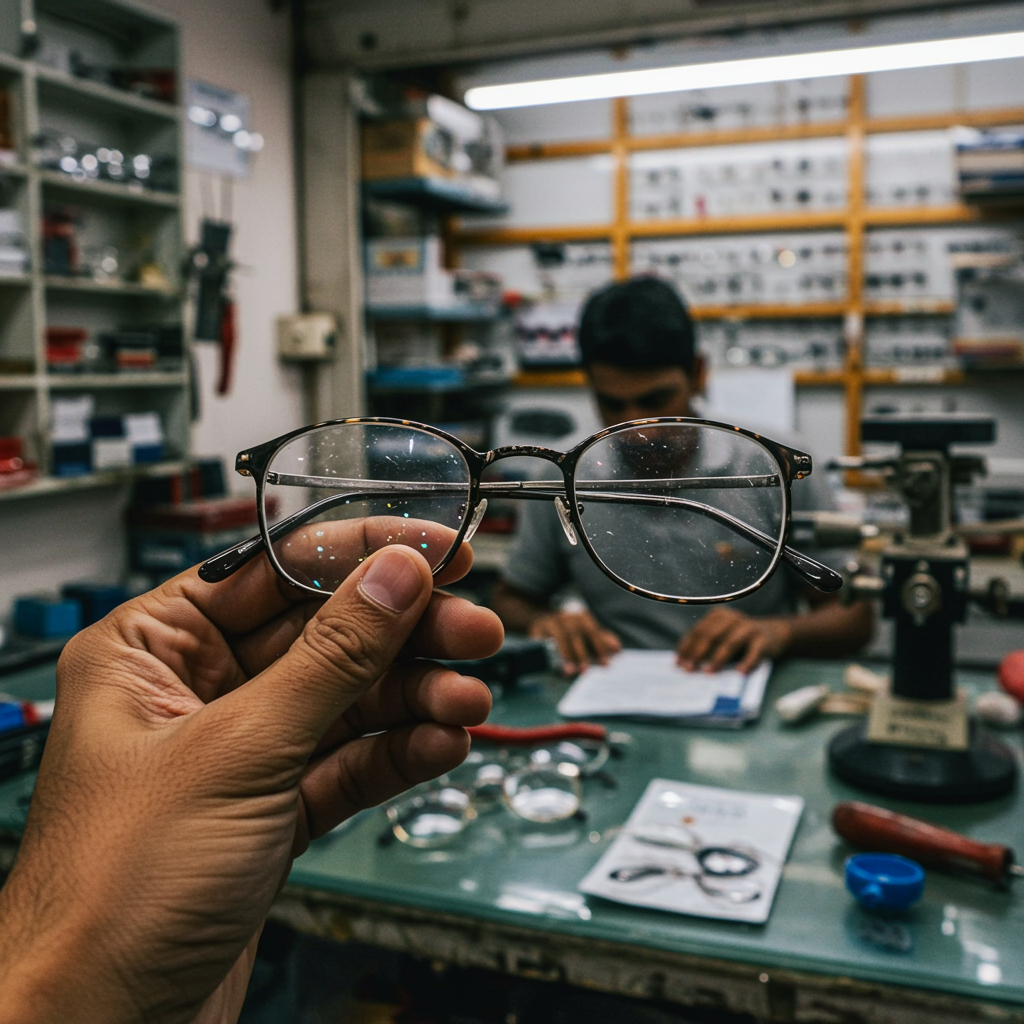 A person holding broken eyeglass frames, with a busy repair shop counter in Chikkamagaluru visible in the background