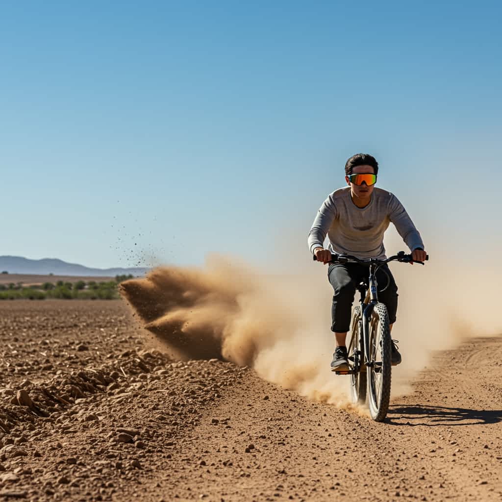 Eye protection with wraparound sunglasses on dusty roads
