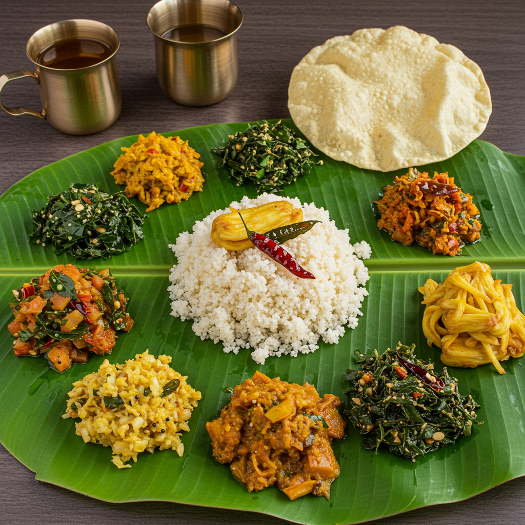 A vibrant South Indian meal with millet, jackfruit, leafy greens, and turmeric arranged on a traditional banana leaf