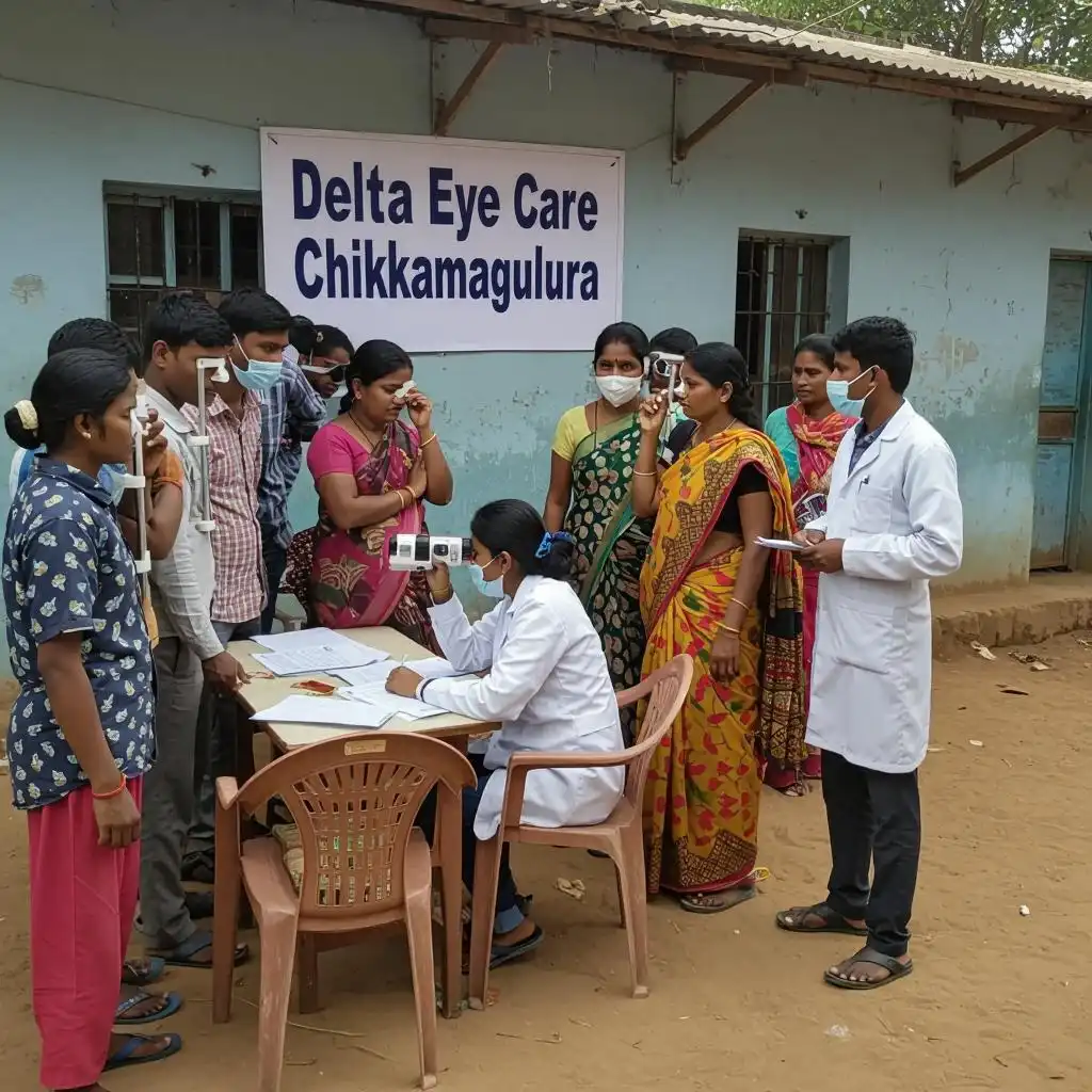A group of people getting their eyes tested at a free eye check-up camp in Chikkamagaluru