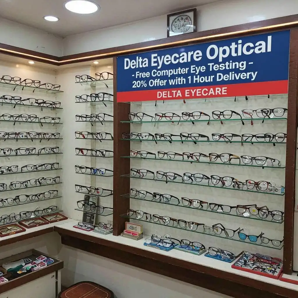 Affordable eyeglass frames displayed in a local optical shop near Shetty Street, Chikkamagaluru